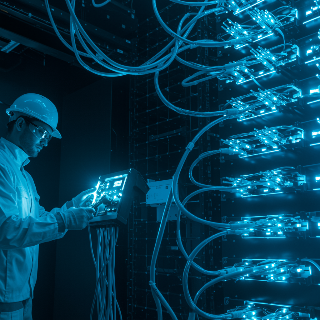 "Centro de datos futurista con ingeniero en primer plano, destacando soluciones de conectividad y cableado de fibra óptica en un entorno tecnológico avanzado."